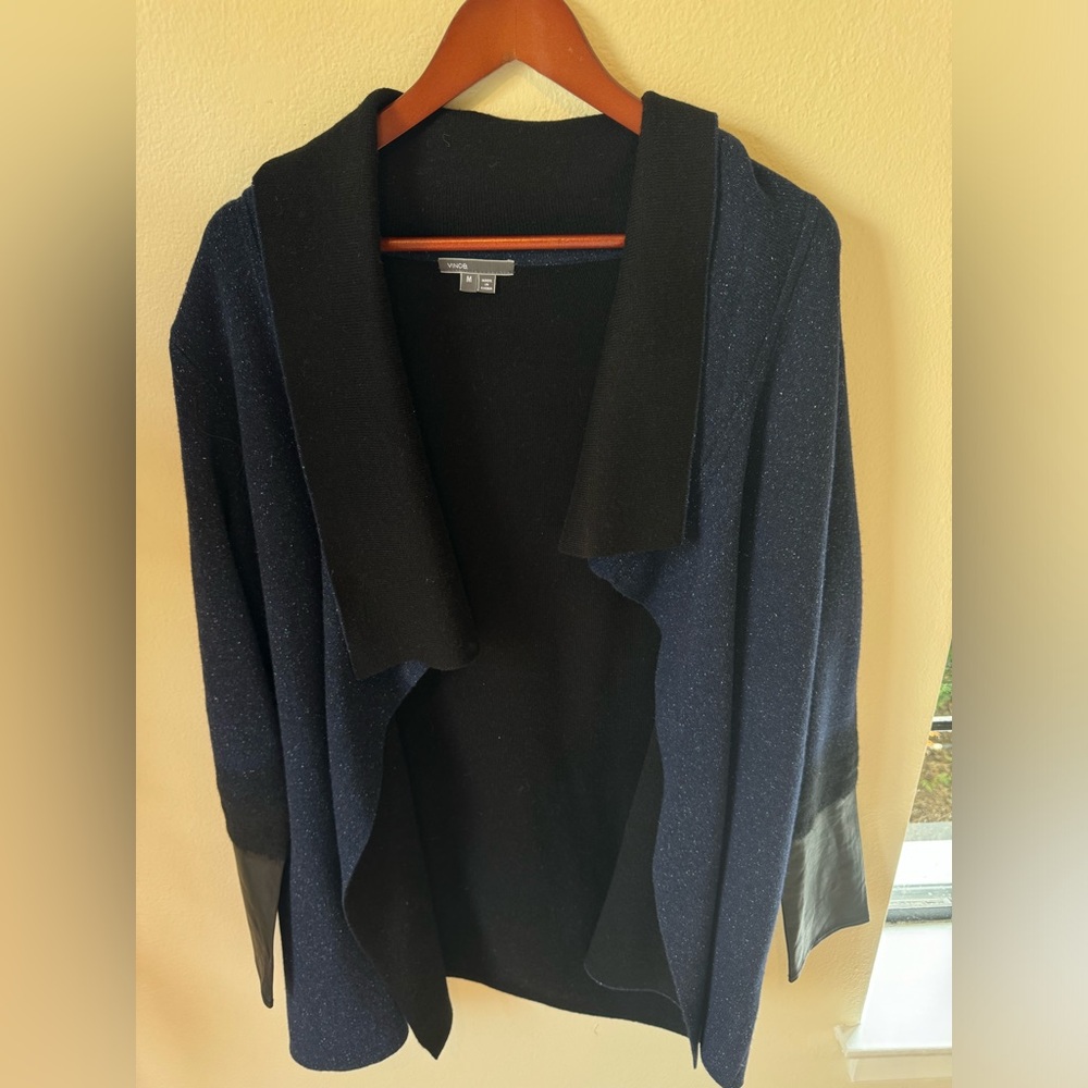 Black knit open wool blend cardigan w/ leather sleeves